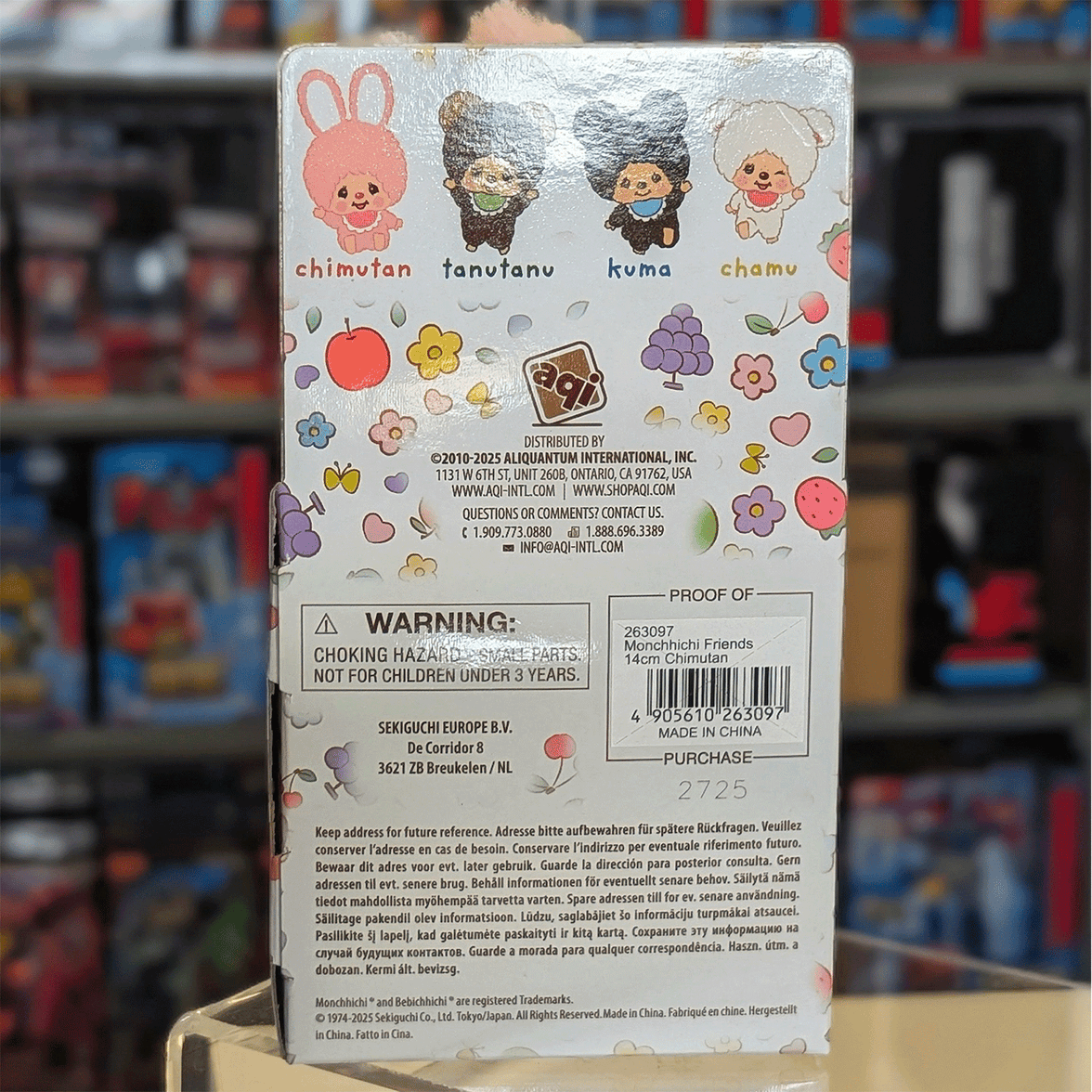 Sekiguchi Chimutan pastel pink bunny Monchhichi Friends 4.75 inch doll packaging back with floral design