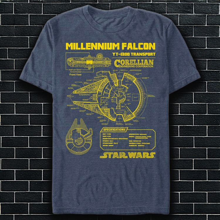 An image of a  Star Wars Millennium Falcon Schematic Unisex Navy t-Shirt