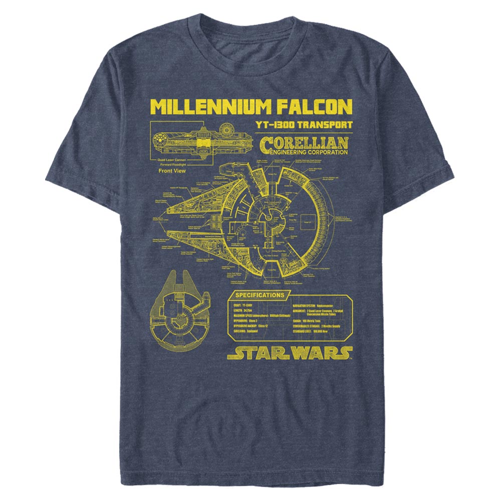 An image of a  Star Wars Millennium Falcon Schematic Unisex Navy t-Shirt