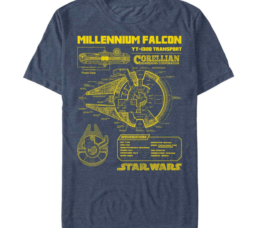 An image of a  Star Wars Millennium Falcon Schematic Unisex Navy t-Shirt