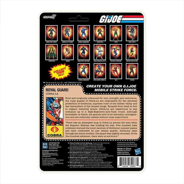Back packaging of Hasbro GI Joe Cobra-La Royal Guard Action Figure with character bio and images, Hasbro.
