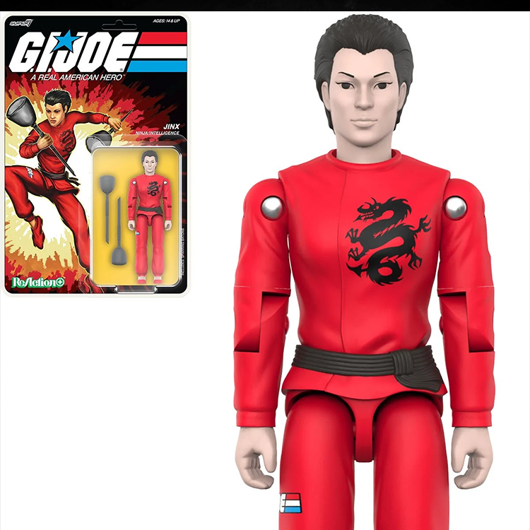 Hasbro GI Joe Jinx Ninja Collectible Toy Action Figure in red outfit with sparring batons, 3.75 inches vintage style.