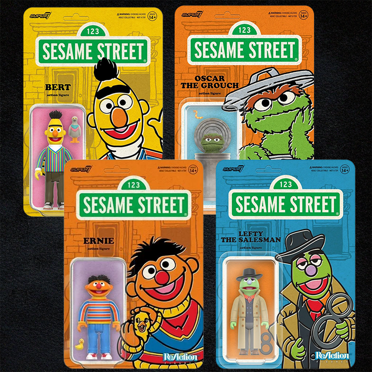 Sesame Street Action Figure Lot #3 Oscar the Grouch, Bert, Ernie, Lefty in blister cards by Super7