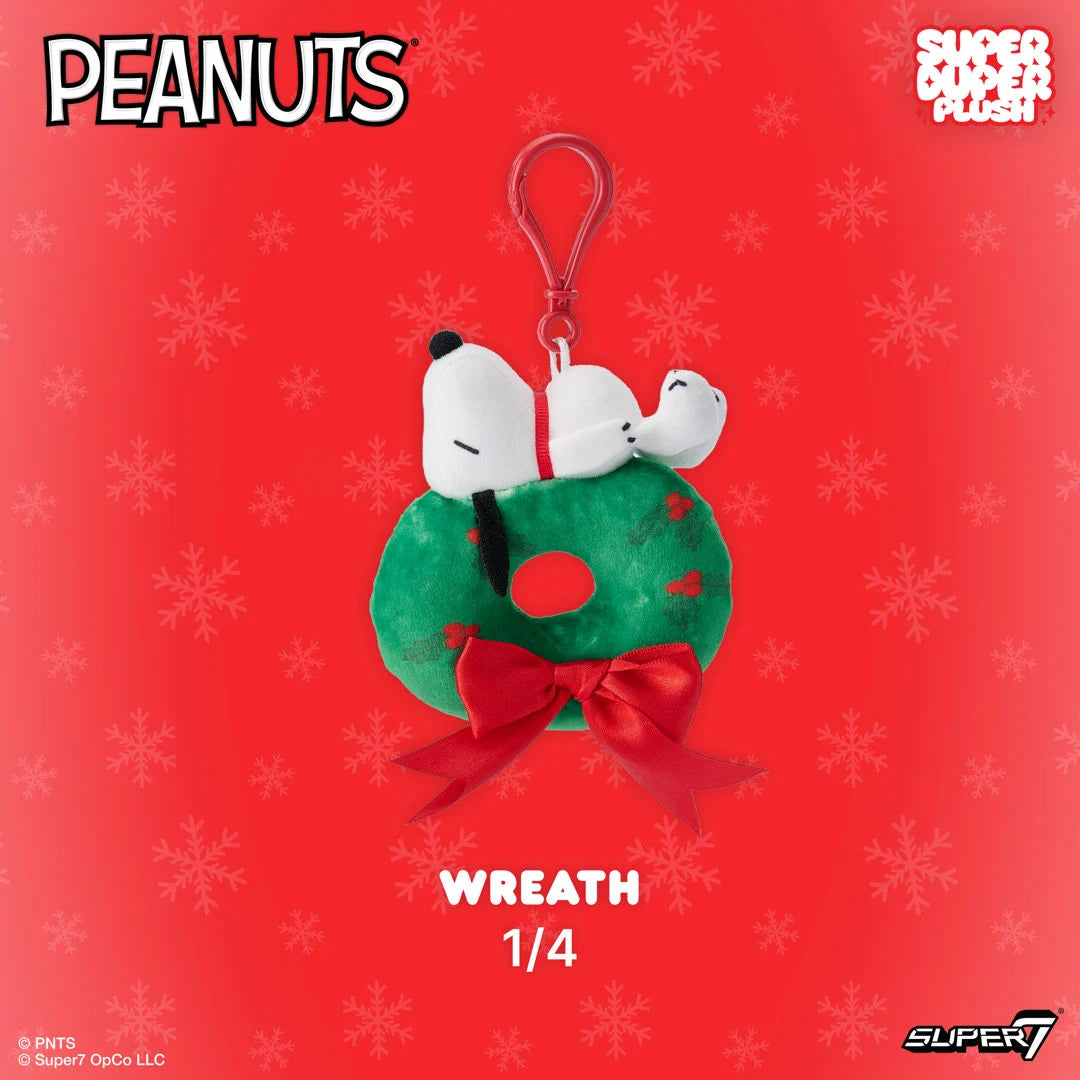 Snoopy on Wreath Peanuts Super Duper Plush Holiday Keychain Super7 with Snoopy plush wreath design