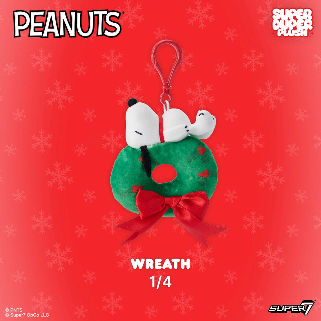 Snoopy on Wreath Peanuts Super Duper Plush Holiday Keychain Super7 with Snoopy plush wreath design