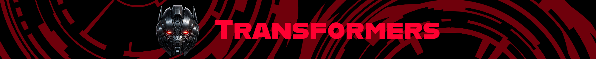 Red and black futuristic design with Autobot and Decepticon logos flanking bold Transformers text center-aligned