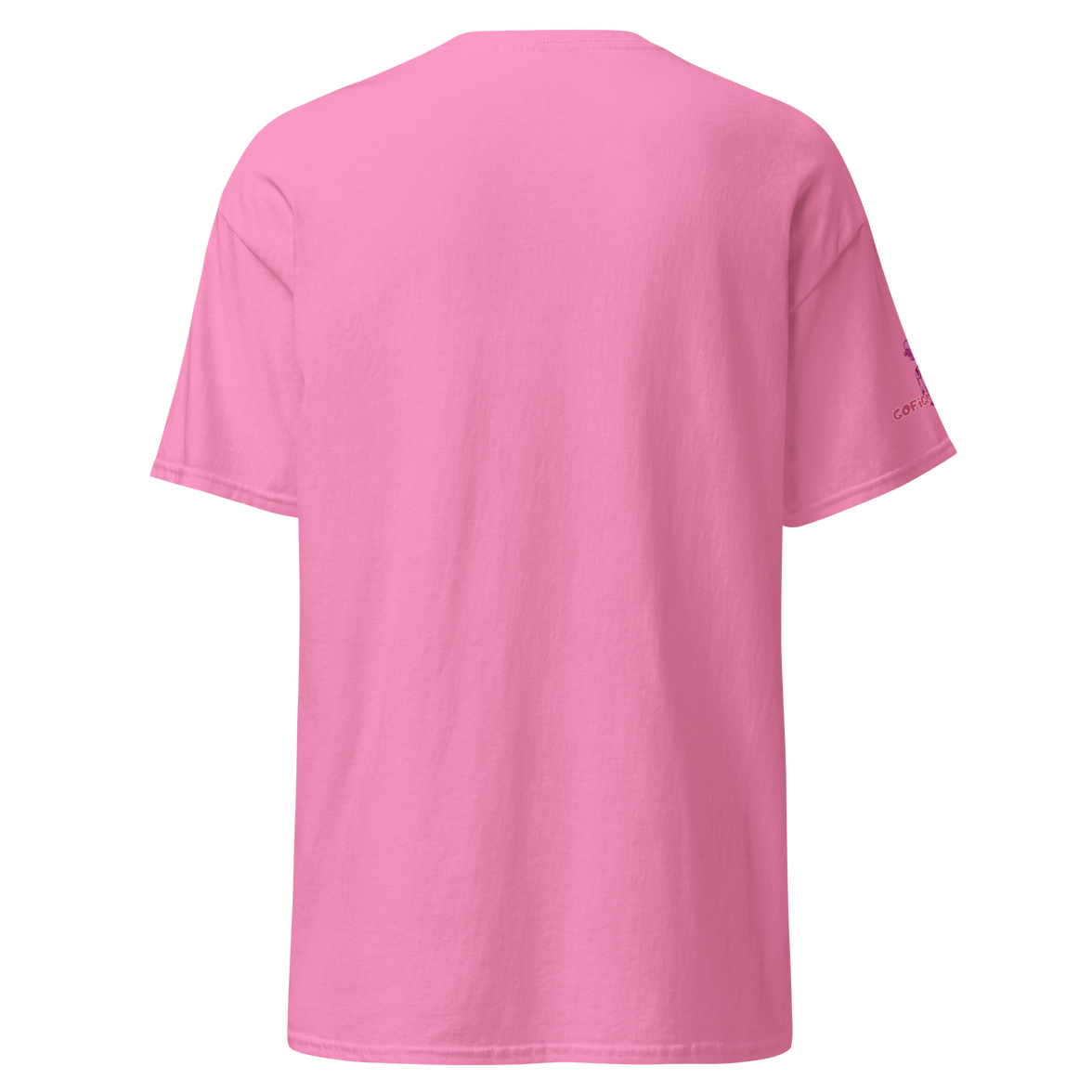 Back view of pink unisex classic cotton tee with structured fit and clean seams by Go Figment