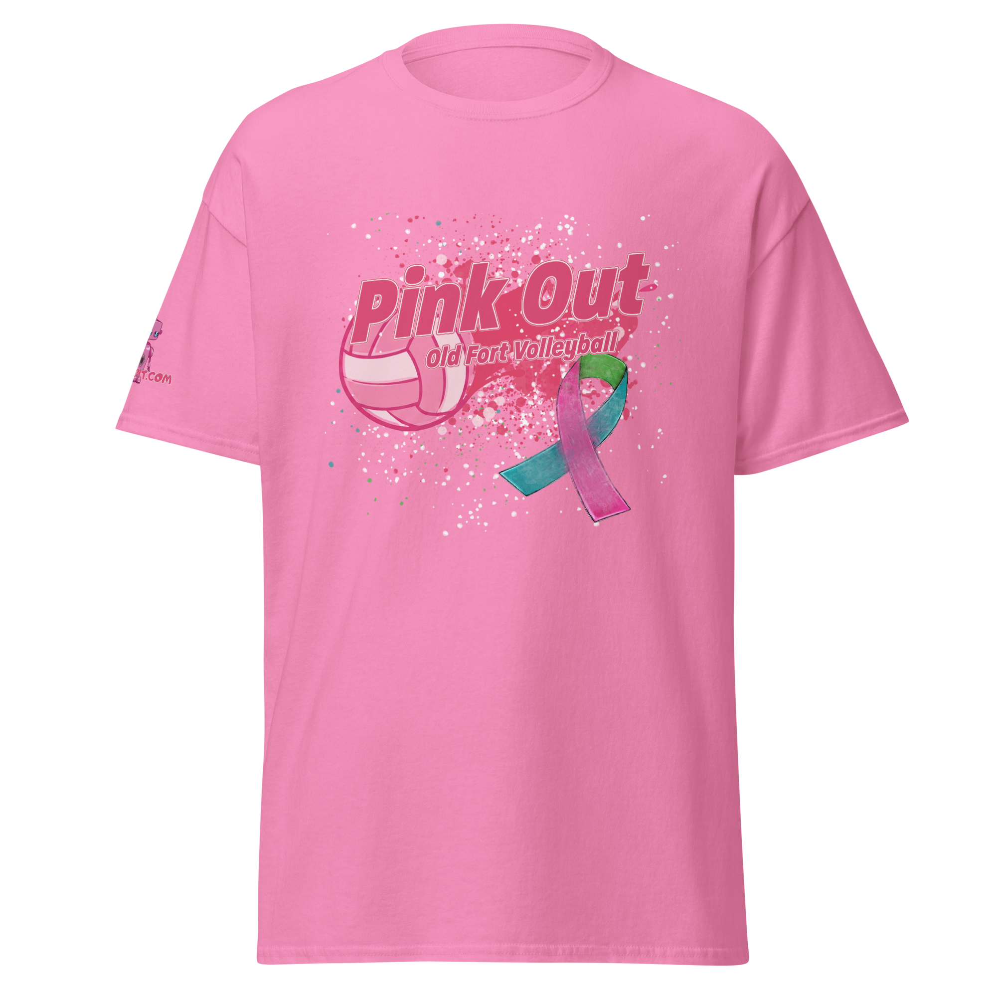 Pink Out V-1 classic unisex tee in soft cotton with volleyball design and awareness ribbon for streetwear style by Go Figment