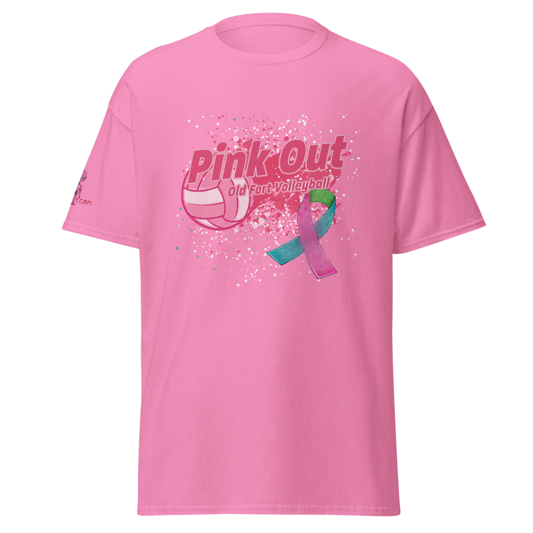 Pink Out V-1 classic unisex tee in soft cotton with volleyball design and awareness ribbon for streetwear style by Go Figment