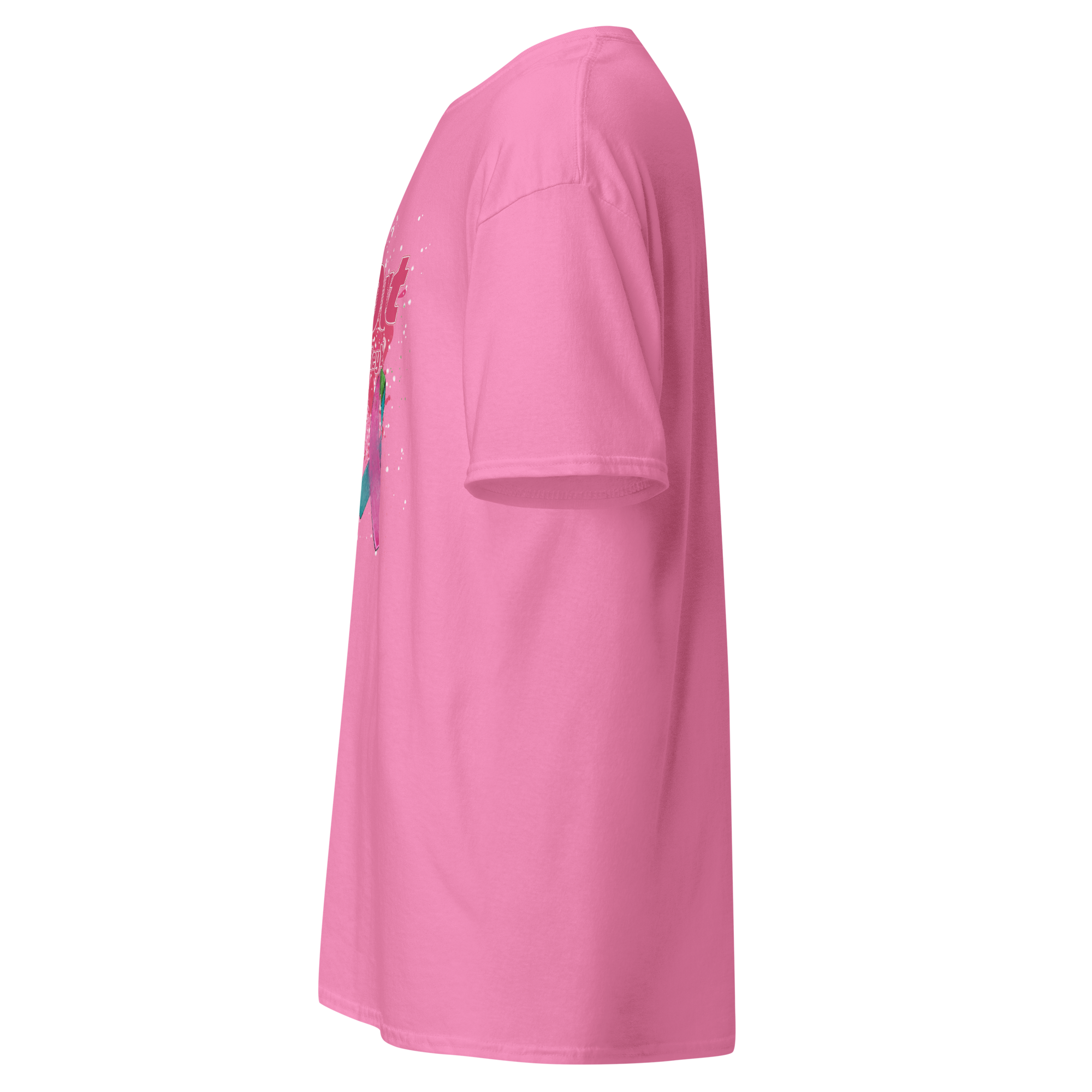 Side view of a pink unisex classic tee with a structured fit and clean edges, perfect for streetwear layering.