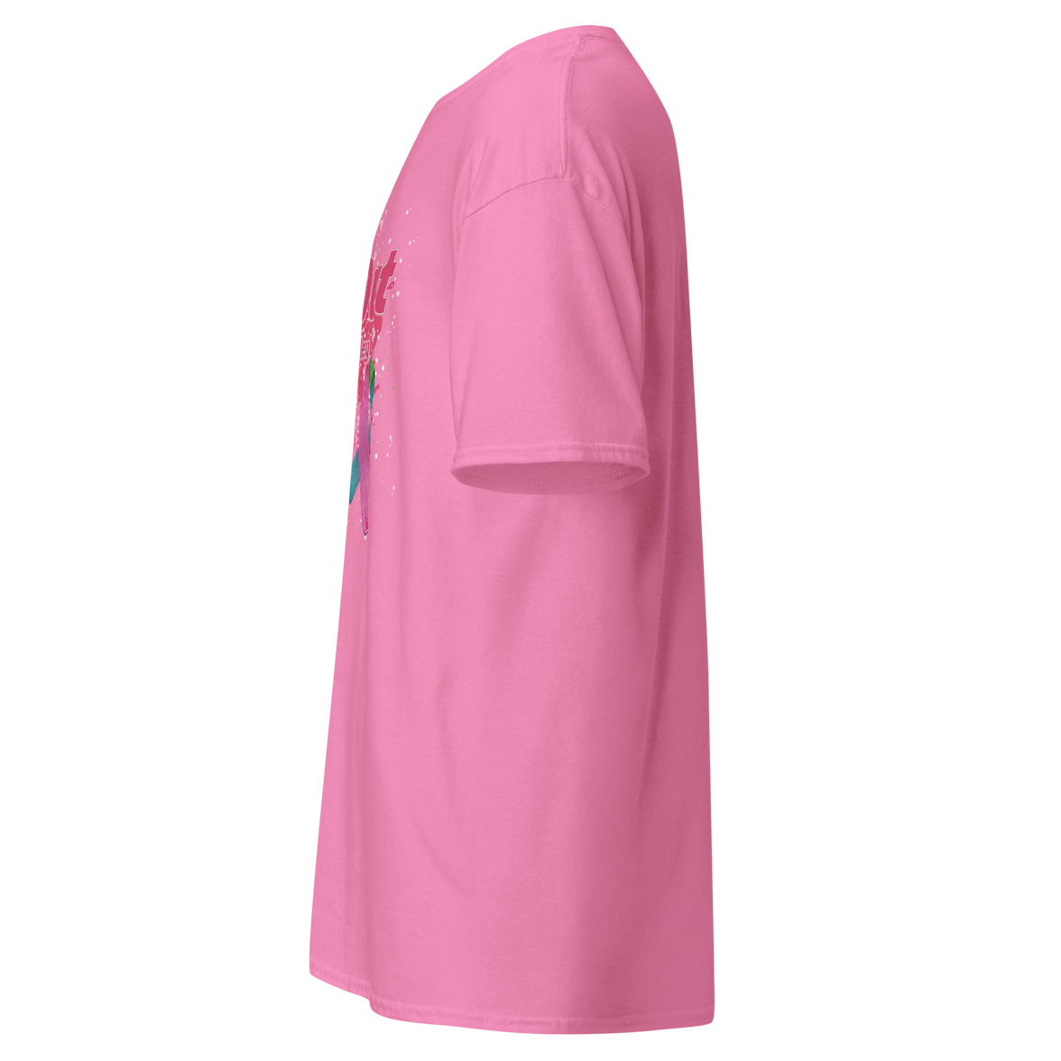 Side view of a pink unisex classic tee with a structured fit and clean edges, perfect for streetwear layering.