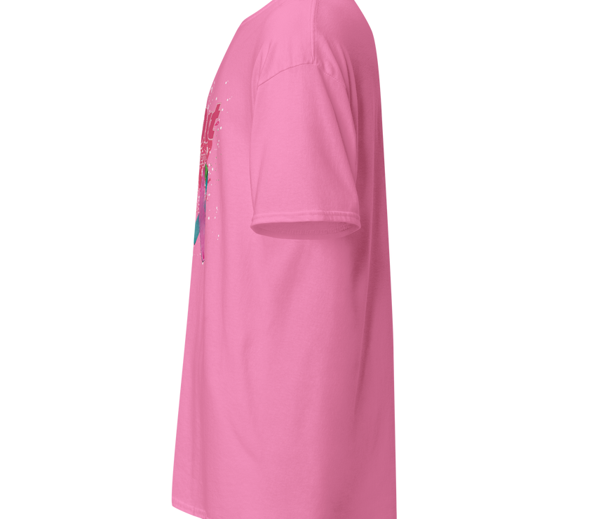 Side view of a pink unisex classic tee with a structured fit and clean edges, perfect for streetwear layering.