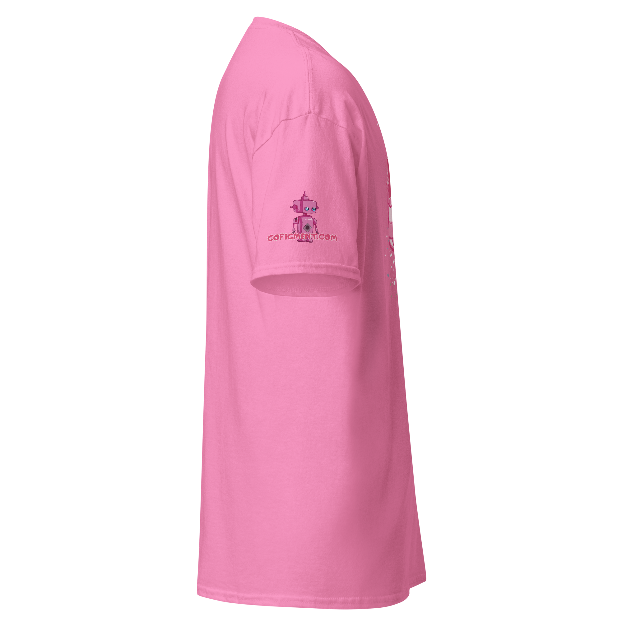 Side view of a pink unisex classic cotton tee with Go Figment logo on the sleeve and clean stitching details