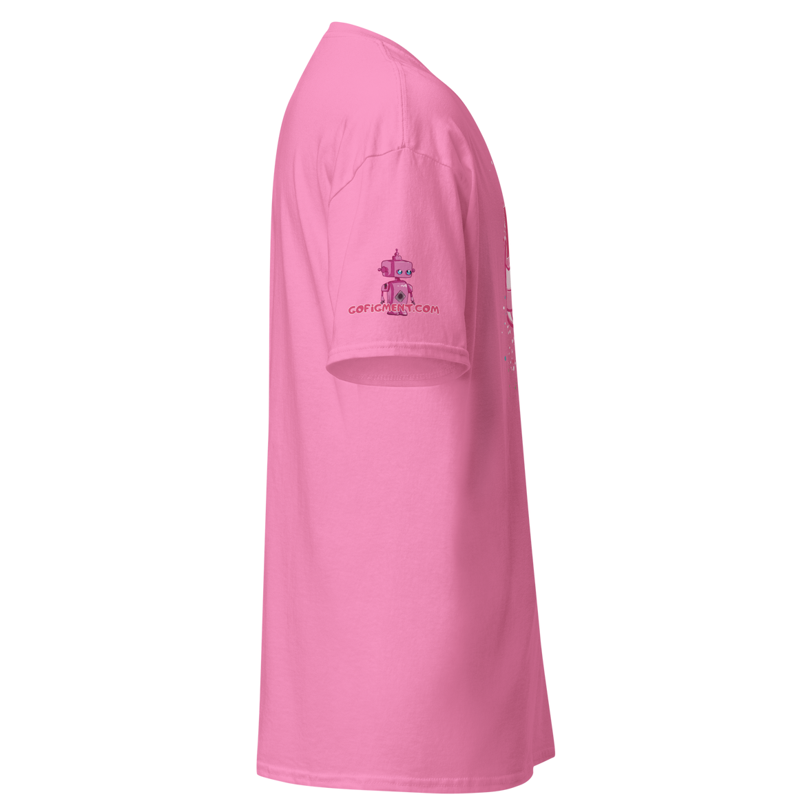 Side view of a pink unisex classic cotton tee with Go Figment logo on the sleeve and clean stitching details