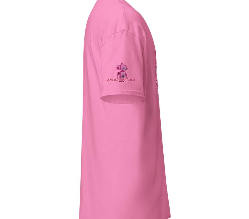 Side view of a pink unisex classic cotton tee with Go Figment logo on the sleeve and clean stitching details