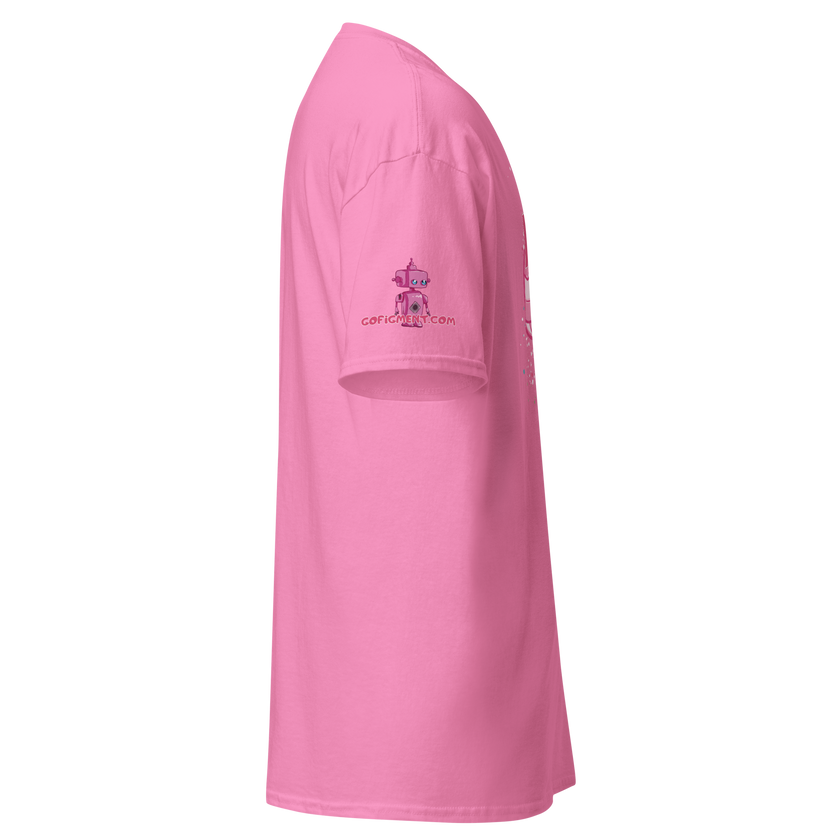 Side view of a pink unisex classic cotton tee with Go Figment logo on the sleeve and clean stitching details