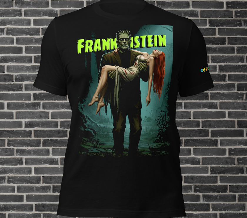 Image of Black Heather “Monster’s Embrace” Frankenstein Short-Sleeve Unisex T-Shirt