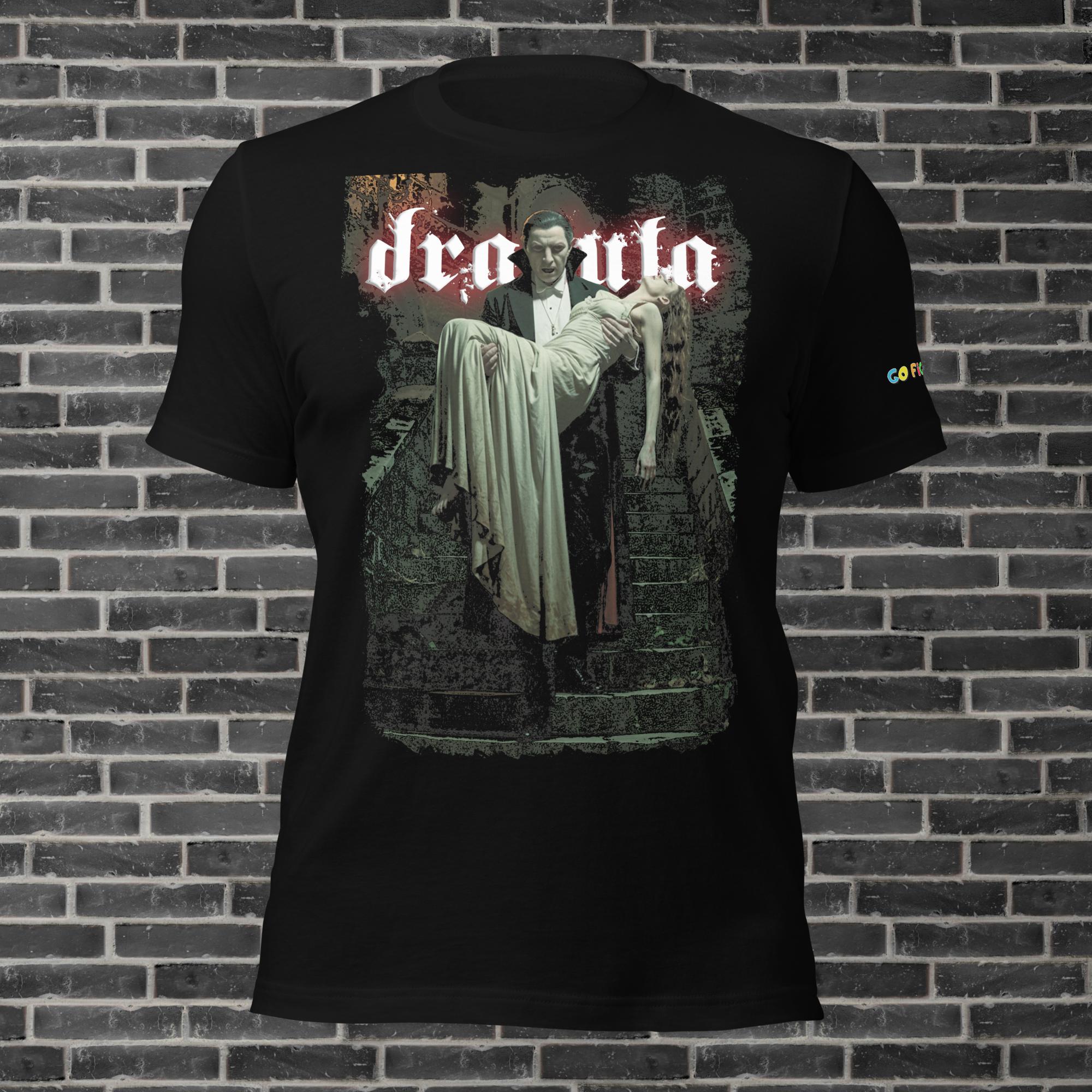 Dracula Classic Horror Unisex t-shirt featuring Dracula holding a woman on a dark stairway design