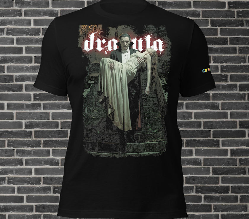 Dracula Classic Horror Unisex t-shirt featuring Dracula holding a woman on a dark stairway design