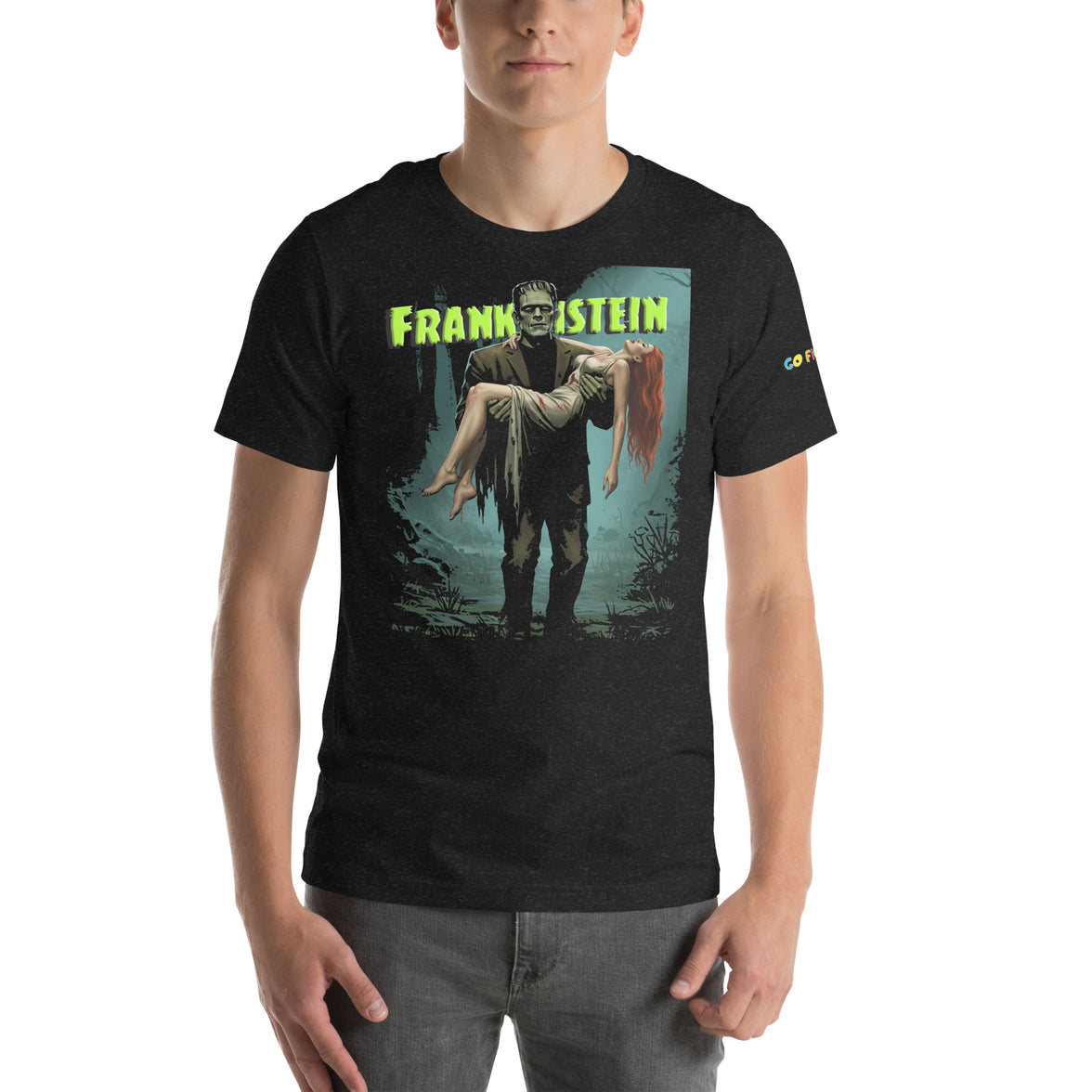 Image of Black Heather “Monster’s Embrace” Frankenstein Short-Sleeve Unisex T-Shirt
