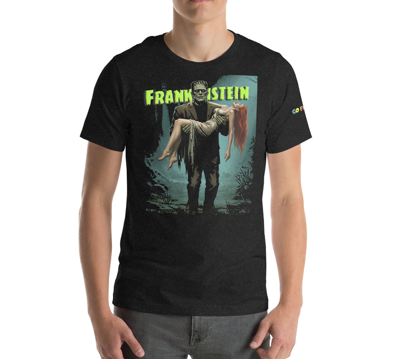 Image of Black Heather “Monster’s Embrace” Frankenstein Short-Sleeve Unisex T-Shirt