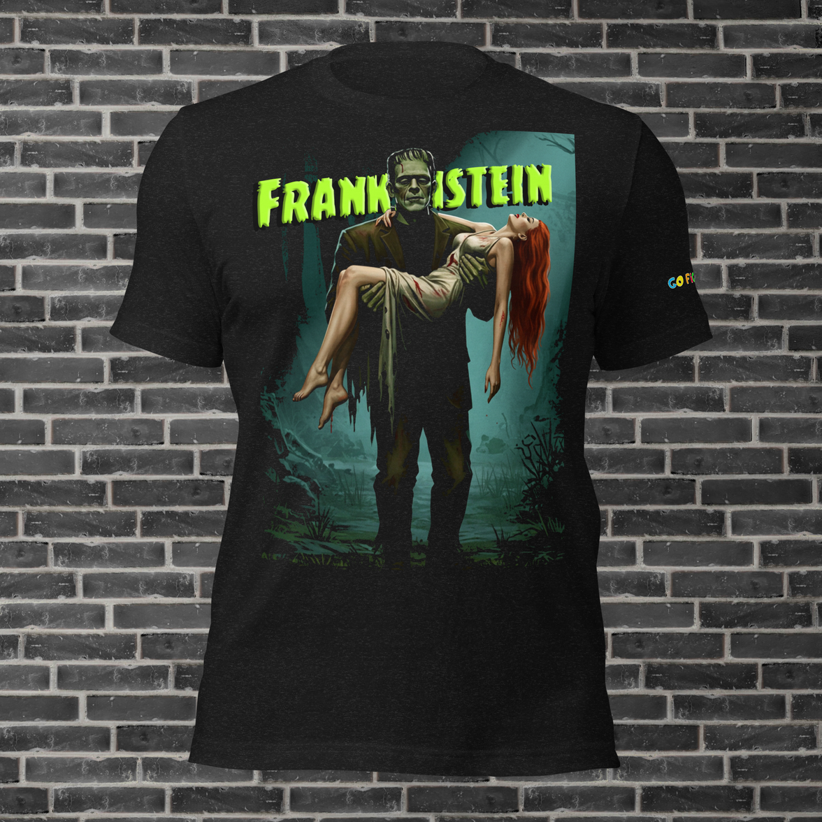 Image of Black Heather “Monster’s Embrace” Frankenstein Short-Sleeve Unisex T-Shirt