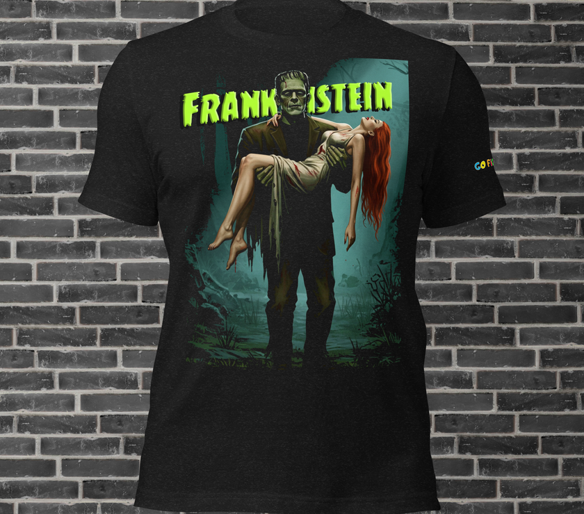 Image of Black Heather “Monster’s Embrace” Frankenstein Short-Sleeve Unisex T-Shirt