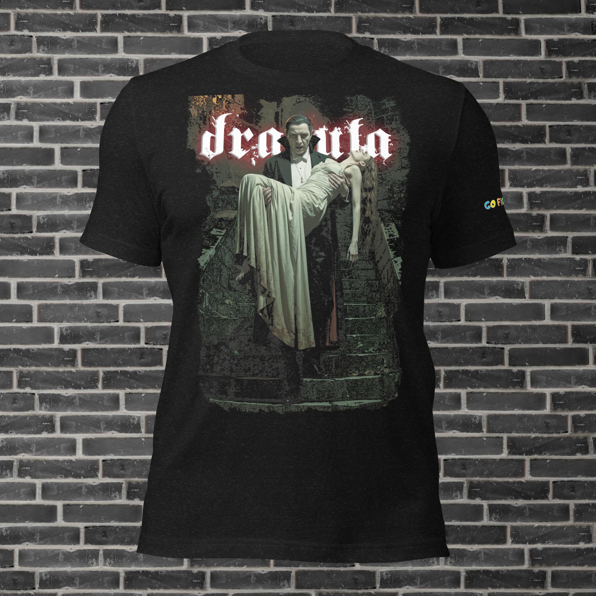 Dracula Classic Horror Unisex t-shirt featuring Dracula holding a woman on a dark stairway design