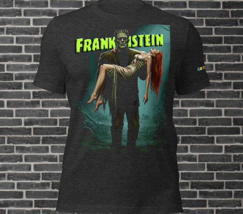 Image of Vintage Black “Monster’s Embrace” Frankenstein Short-Sleeve Unisex T-Shirt