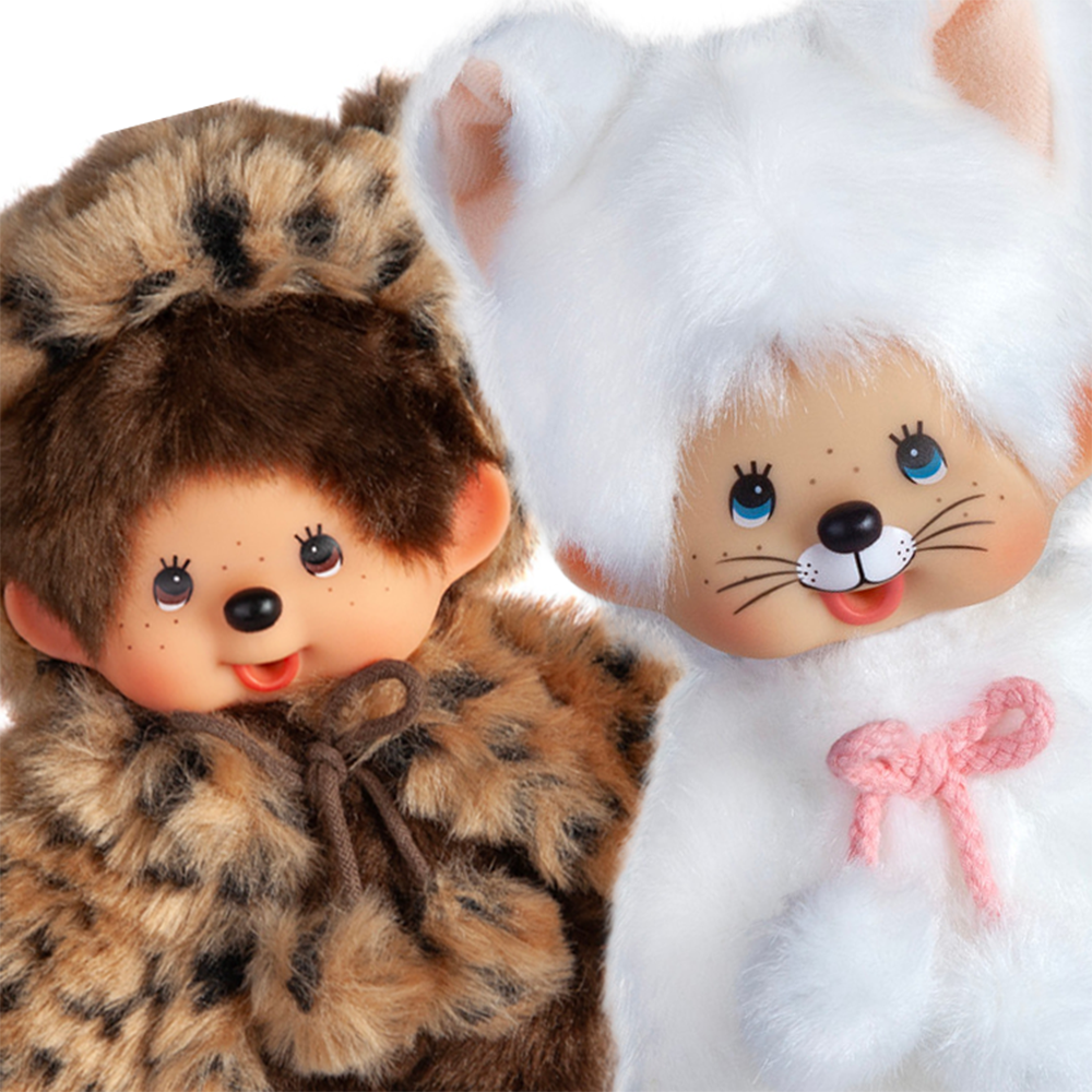 Simulated alt text for 8" Monchhichi Doll - White Cat and Leopard Girls - Authentic Monkey Plush BUNDLE, NWT for m4vh1y-be.myshopify.com. You are an expert SEO agent. You will generate an ALT text for this image. <Store_Context> Business Details: - Curated by a passionate collector, ensuring authe...