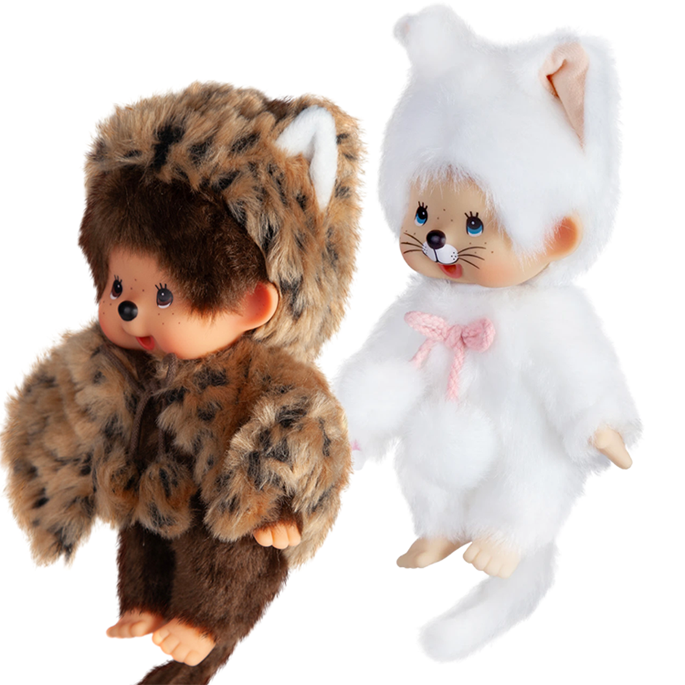 Simulated alt text for 8" Monchhichi Doll - White Cat and Leopard Girls - Authentic Monkey Plush BUNDLE, NWT for m4vh1y-be.myshopify.com. You are an expert SEO agent. You will generate an ALT text for this image. <Store_Context> Business Details: - Curated by a passionate collector, ensuring authe...