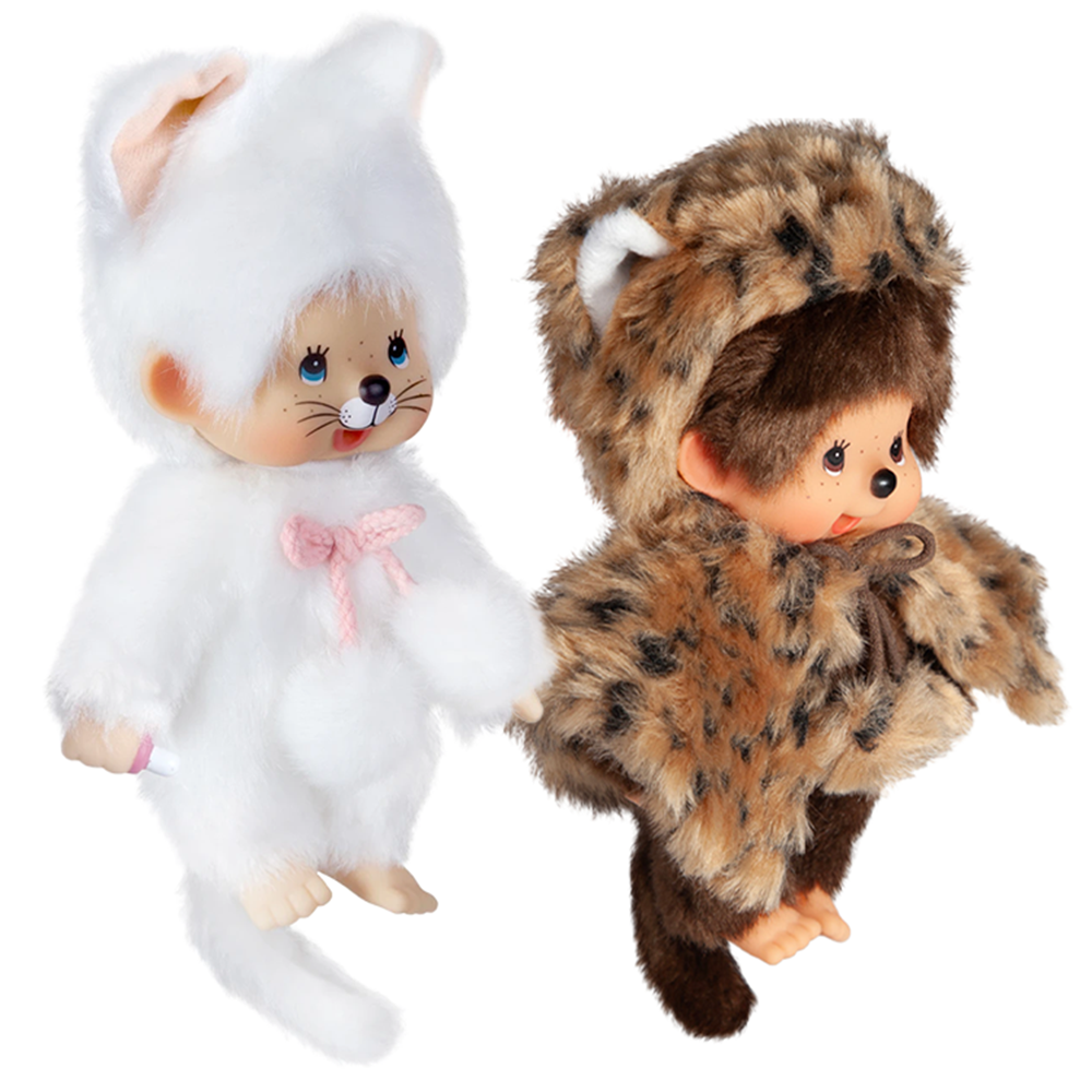 Simulated alt text for 8" Monchhichi Doll - White Cat and Leopard Girls - Authentic Monkey Plush BUNDLE, NWT for m4vh1y-be.myshopify.com. You are an expert SEO agent. You will generate an ALT text for this image. <Store_Context> Business Details: - Curated by a passionate collector, ensuring authe...