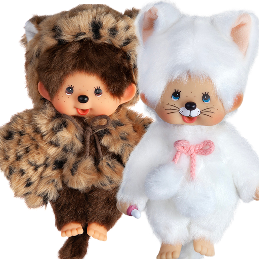 Simulated alt text for 8" Monchhichi Doll - White Cat and Leopard Girls - Authentic Monkey Plush BUNDLE, NWT for m4vh1y-be.myshopify.com. You are an expert SEO agent. You will generate an ALT text for this image. <Store_Context> Business Details: - Curated by a passionate collector, ensuring authe...
