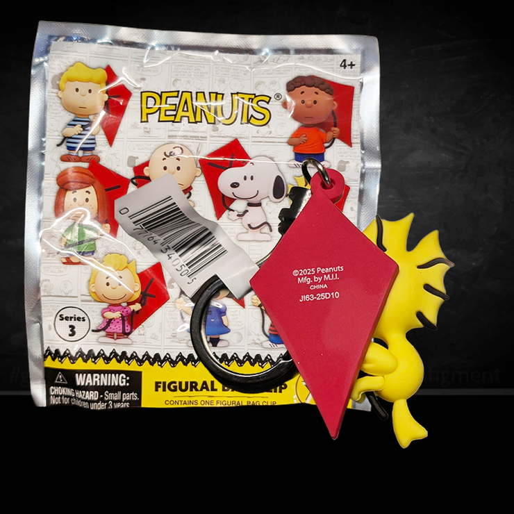 Monogram Woodstock 3D foam bag clip hanging from a red kite Peanuts 75th Anniversary Series 3 collectible